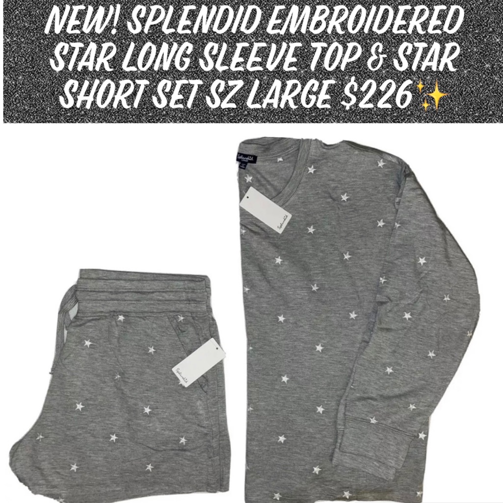New! Splendid Embroidered Star Long Sleeve Top & Star Short Set Sz Large $226